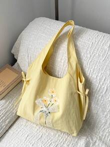 Bolso de hombro con estampado floral lindo, bolso de mano casual de gran capacidad, bolso con decoración de lazo de dopamina para estudiantes - Amarillo - Ver 7
