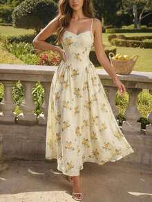 Women's Elegant Cream Yellow Rose Print Sweetheart Neck Spaghetti Strap Midi Dress, Chic Romantic Vacation Dress - Light Yellow - View 3