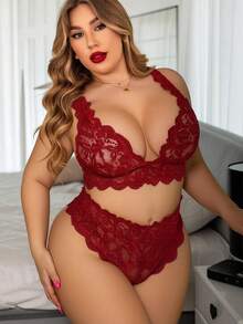 Conjunto de lencería sexy con encaje floral para mujer de talla grande - Burdeos - Ver 4