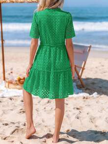 PRETTYGARDEN Women's Summer Dress V-Neck Hollow Eyelet Ruffle A-Line Hem Elegant Short Casual Wedding Graduation Travel Beach Holiday Vacation Green Dresses For Women - 綠色 - 查看 3