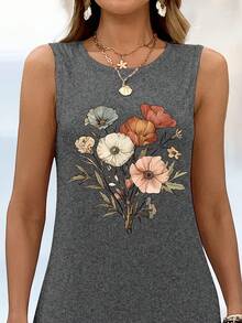 Graphic Print Tank Dress, Sleeveless Crew NeckCasual Dress For Summer & Spring, Women'sClothing - 灰色 - 查看 3