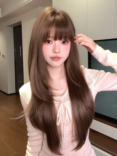 alicegarden 28-Inch Long Synthetic Wig Featuring A Natural Straight Style A Stunning Brown. Designed With Bangs , It Is Crafted From Heat-Resistant Fiber To Ensure Durability. This False Hairpiece Is Perfect For Daily Use, Offering A Natural And Realistic Appearance That Mimics.