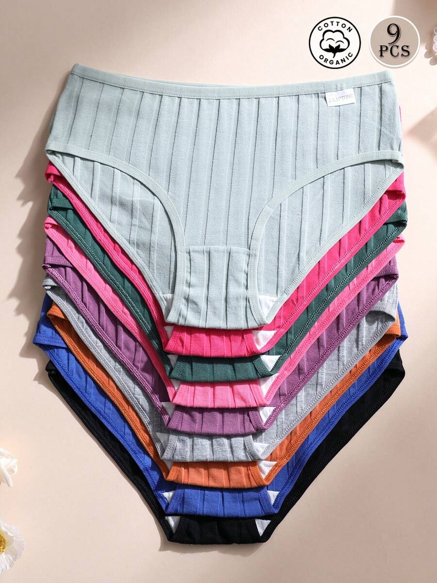 9 Pcs Women's Cotton Panties Sexy Low-Waist Solid Color Briefs Ribbed Comfortable And Breathable Sports Underwear - Multicolor - View 1