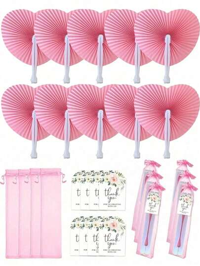 Bộ 60 quạt giấy cầm tay màu hồng, bao gồm quạt hình trái tim, thiệp cảm ơn họa tiết hoa và túi dây rút, thích hợp làm quà tặng cô dâu, phụ kiện cho phù dâu, quạt cầm tay trong lễ cưới, quà tặng tiệc độc thân, trang trí địa điểm cưới, quà tặng khách mời khi nhận phòng, quà lưu niệm đám cưới, quà tặng tiệc ngủ.