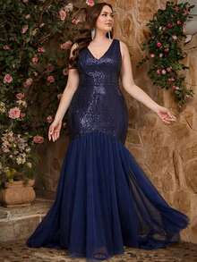 Vestidos de fiesta formales de talla grande para mujer con lentejuelas y parches de malla con diseño de sirena, adecuados para fiestas, graduaciones, actuaciones, bailes de graduación, primavera/verano/otoño/invierno - Azul Marino - Ver 2
