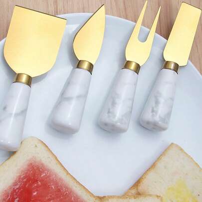 Conjunto de faca e garfo para queijo em aço inoxidável dourado, estilo minimalista, faca para manteiga, faca para pizza com cabo em padrão mármore, utensílios de cozinha.