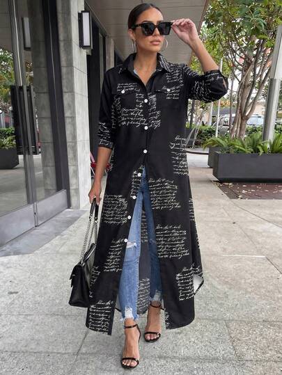 1pc Women's Fashionable Print Long Sleeve Loose Button-Up Shirt Dress, Casual Elegant Shirt Collar Dress Black Spring