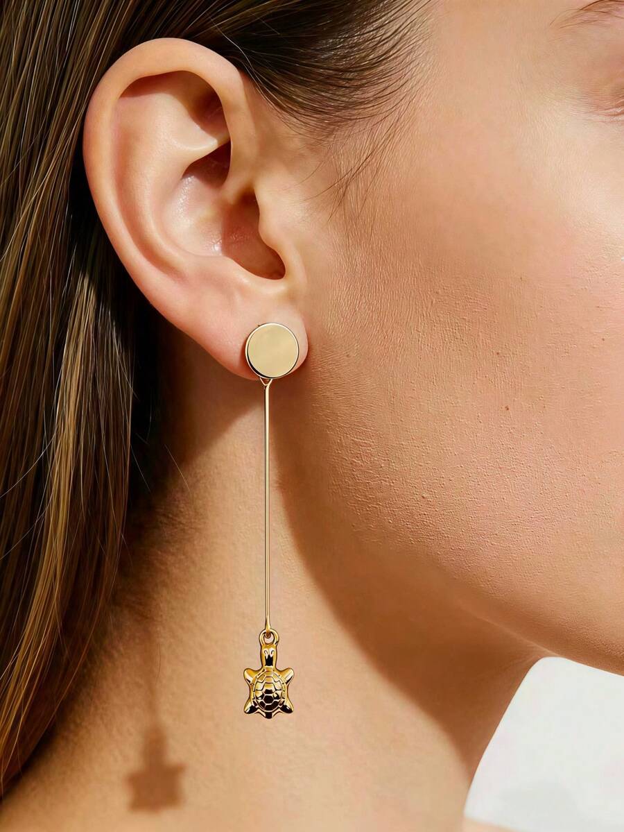 1 Pair Luxury Plated Metal Smooth Round Disc 3D Sea Turtle Dangle Earrings, Vacation Vibe Ocean Style Jewelry For Beach Party, Commute, Face-Framing - Golden Haigui - View 1