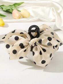 1pc Polka Dot Mesh Bow Hair Claw, Sweet - White Polka Dots - View 3