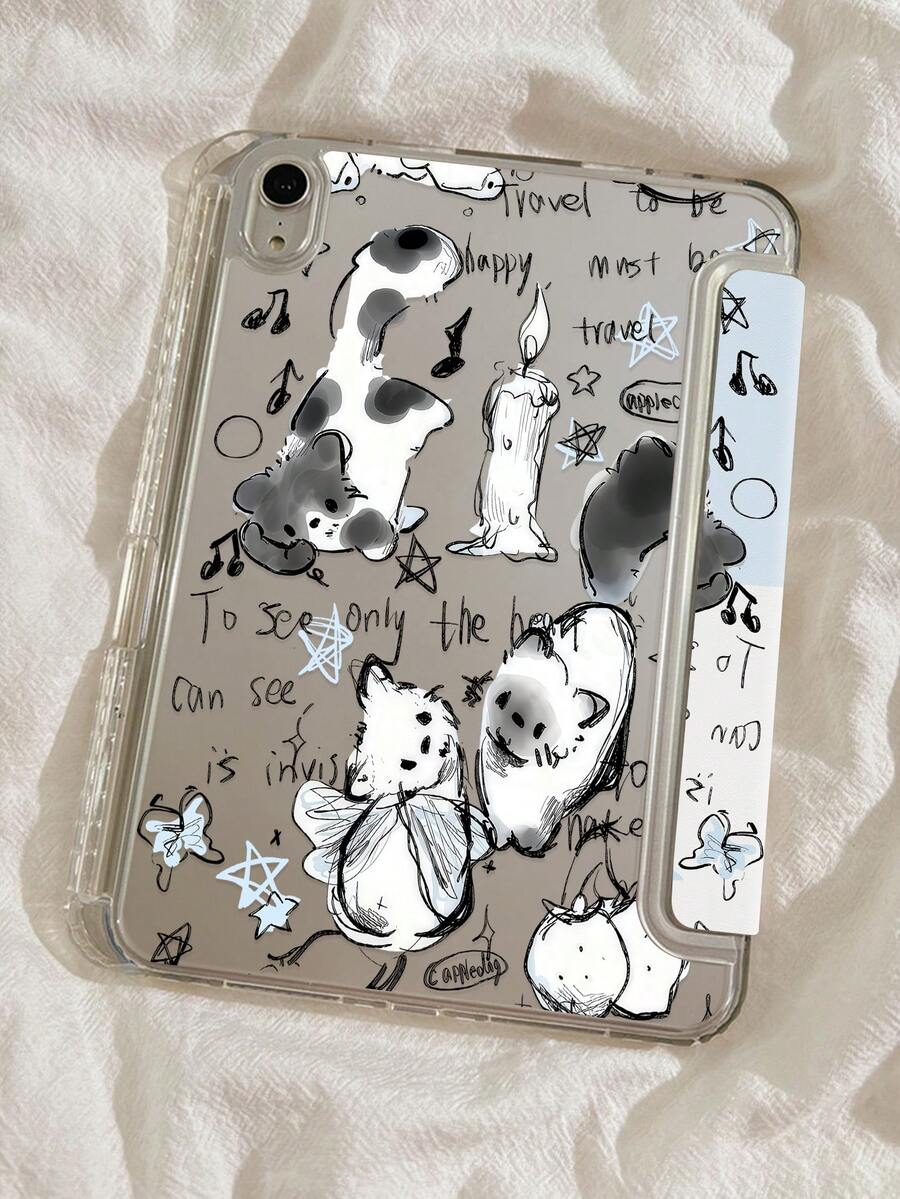 1个可爱卡通猫字母星星双面亚克力透明水晶后盖，防震耐用，适用于iPad第7、8和10代（10.2英寸）。内置笔槽，支持睡眠/唤醒功能。是万圣节和新年的理想礼物。 - 彩色 - 查看 1