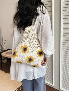 Bolso de tote grande de capacidad versátil y con estilo, nuevo bolso de hombro con bordado de girasol de estilo de vacaciones en la playa - Beis - Ver 5