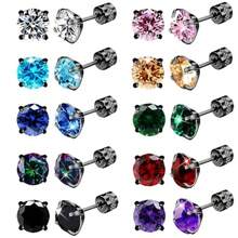 Stainless Steel Screw Back Stud Earrings for Men Women Titanium Hypoallergenic Earring for Sensitive Ears Surgical Steel Rainbow CZ Double Side Black sleeper Studs - 10 pares de 6 mm - Ver 9