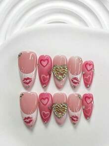 10pcs/Set Valentine's Day Handmade Nail Art Kit, Includes White Flower & Bow Decor, White & Red Gel Nails, French Polka Stickers, Heart Painting, Silver Beads Embedded, 3 Sizes Available: Almond/Square/Coffin Shape, With Set, Suitable Sweet Ladies & Girls, Valentine's Day/Party/Daily Wear Nail Supplies Handmade Press On Nails - Nhiều màu - Xem 4