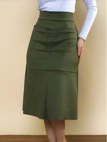 Women's Suede Skirt With Zipper And Pocket. Stylish And Elegant, Perfect For Evangelical Fashion, Evening Wear, Parties, Church Services, And More. New Arrival. - 淺軍綠色 - 查看 1