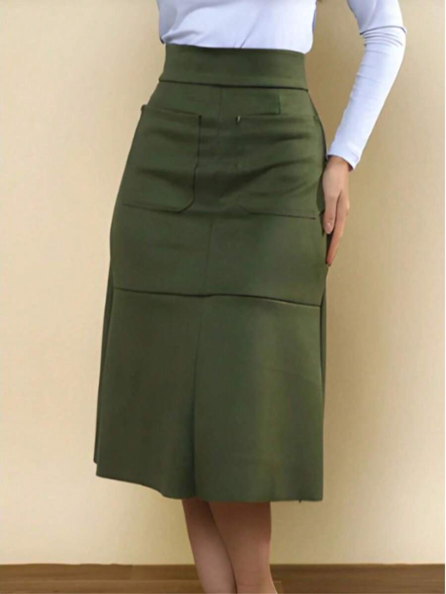 Women's Suede Skirt With Zipper And Pocket. Stylish And Elegant, Perfect For Evangelical Fashion, Evening Wear, Parties, Church Services, And More. New Arrival. - 淺軍綠色 - 查看 1