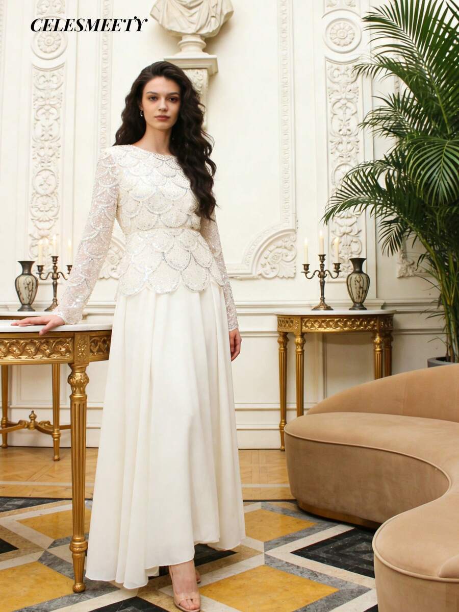 Elegant Apricot Sequin Embroidered Long Sleeve Shiny Dress With Chiffon Hem, Suitable For Weddings, Parties, Anniversaries Spring Party - Apricot - View 1