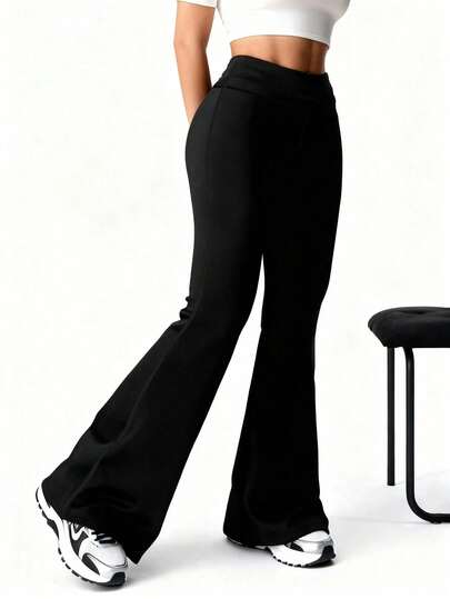 Pantalones anchos de cintura alta de unicolor casual para mujer, pantalones acampanados de cintura alta, pantalones ajustados, pantalones acampanados ajustados para leggings deportivos al aire libre en primavera y verano