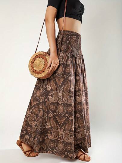 女士波西米亚风佩斯利印花长款A字褶裥编织半身裙 夏季