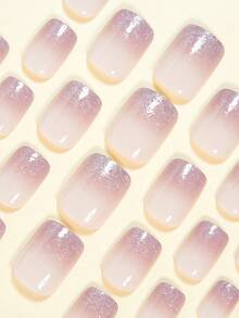 24pcs Short Rectangular Nail Stickers, European Coffee Brown Solid Color Gradient Glitter Design, Elegant And Beautiful, Full Coverage Fake Nails Set, Includes 1 Adhesive Pad And 1 Mini Nail File, Perfect For Women's Daily Wear, Especially Suitable For Autumn/Winter, Random Shipment - 灰色 - 查看 4