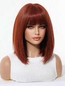 12英寸深棕色直发短款波浪卷波波头假发，带蓬松刘海，耐热合成纤维假发，适合女性日常佩戴和派对场合 - 酒紅色 - 查看 3