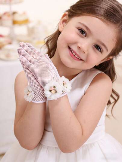 1 đôi găng tay trẻ em bằng lưới ren thoáng khí với họa tiết hoa, thanh lịch dành cho bé gái làm phù dâu và biểu diễn trên sân khấu.