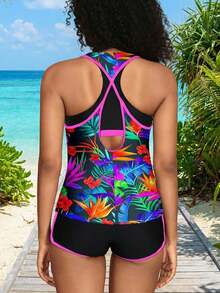 2026 New Tropical Floral Print Tankini, Contrast Trim & Black Shorts, Tummy Control Two-Piece Swimwear - 彩色 - 查看 4