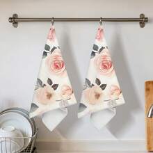 2pcs Pink Rose Print Kitchen Towels, 100% Polyester Kitchen Cleaning Cloths, Suitable For Restaurant, Kitchen And Home Decor; Quick-Drying, Lightweight, Fade-Resistant, Low-Shedding, Anti-Mildew, High Color Fastness, Size 40*60cm - Beige - View 6