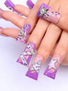 Handmade Long Duckbill Press On Nails, Purple Base, Star, Leopard Accents, Concert, Night Out Style Summer Easter - 紫丁香色 - 查看 8