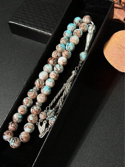 1 pieza Pulsera de oración musulmana de 33 cuentas de vidrio con triple borla y decoración plateada, de doble uso para oración diaria y decoración