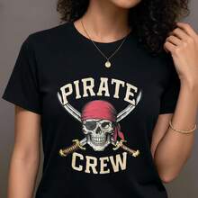 Camiseta de moda aventurera con estampado de calavera de tripulación pirata, manga corta y cuello redondo, top casual para verano y primavera, ropa de mujer- 1pcs, 180Gsm, 100% Cotton - Negro - Ver 6