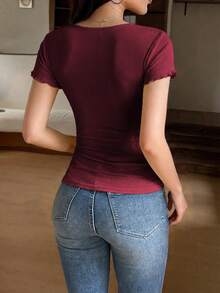 Y2K学院风女式夏季休闲蕾丝拼接圆领短袖针织T恤 - 酒紅色 - 查看 6