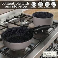 Country Kitchen - Juego de ollas y sartenes de 16 piezas utensilios de cocina antiadherentes seguros con mango extraíble suave al tacto juego de utensilios de cocina para RV apto para horno - Asas de madera gris/negro - Ver 6