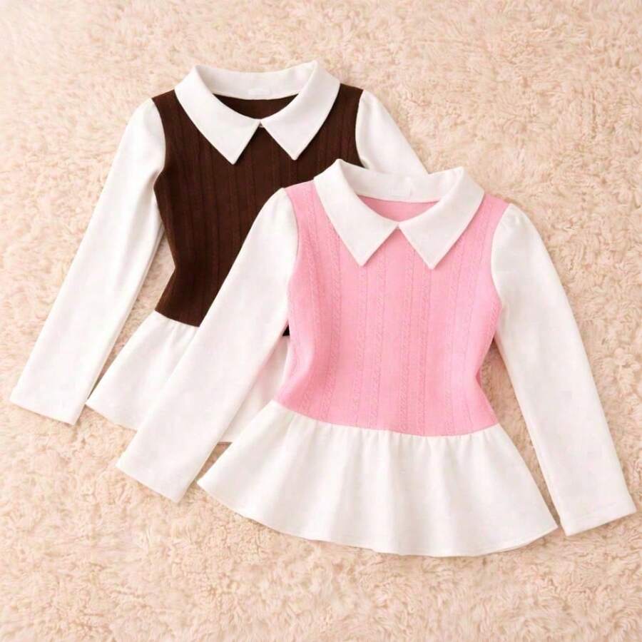 Girls' Long-Sleeved Blouse, For Bloggers, Cold Weather, Winter / Long-Sleeved Blouse - Baby Pink/Brown - 2-piece Kit - View 1