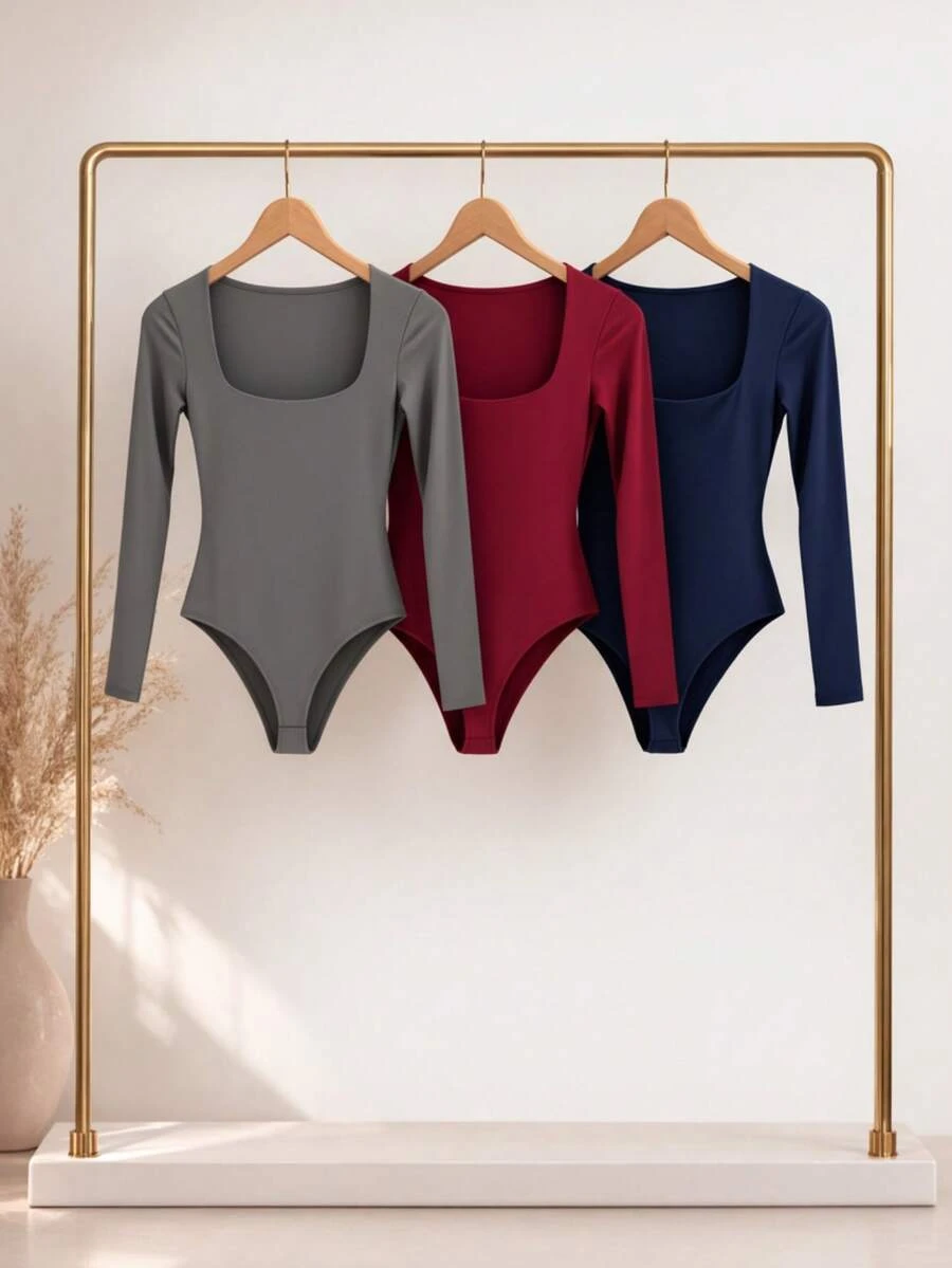 Kit 1, 3 Bodysuits, Women's Shaping Bodysuit, Second Skin Style, Square Neckline, Long Sleeves, Basic, High Fashion, Versatile, Elegant, Blogger Style - 海軍藍-灰酒紅 - 查看 1
