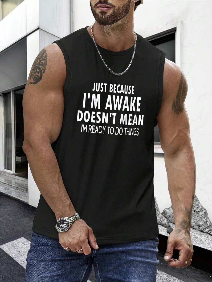1PC Men's Vest With "JUST BECAUSE I'M AWAKE DOESN'T MEAN I'M READY TO DO THINGS" Print Design, 180g Pure Cotton Vest, Seamless, Sweat-Wicking, 100% Cotton, Loose American-Style Tank Top For Sports And Fitness. - 黑色 - 查看 1