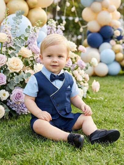 BOARNSEORL 2pcs Baby Boys Gentleman Outfit, Short Sleeve Shirt With Bow Tie And Navy Shorts, Fashionable & Cute For Birthday Party, 1st Birthday, Christening