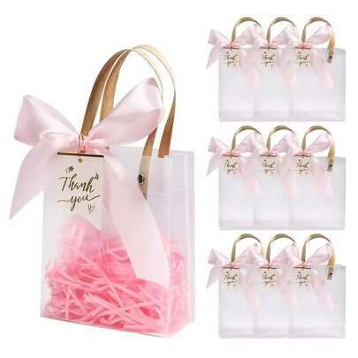 10pcs Clear PVC Gift Bags With Pink Ribbon Plastic Tote Bag Gift Wrap Bag For Wrapping Holiday Gifts Shopping Birthday Supplies