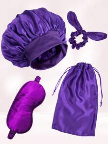 4pcs Hair Care Tool Set 1pc Satin Night Hat Bonnet Elastic Band Wide Brimmed Sleeping Caps 1 Pc Bow Cute Hair Tie /Scrunchies 1 PC Satin Eye Mask 1 PC Satin Bag Sleep Essentials Travel Set Solid Black Pink Burgundy Purple Gold - A - View 9