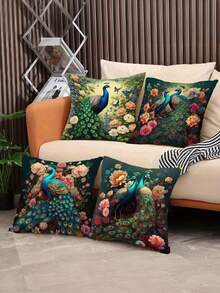 1/4Pcs, Vintage-Style Peacock Oil Painting Velvet Throw Cushion Covers Woven Polyester 17.7X17.7 Inch, Zippered, Geometric-Patterned For Sofa And Home Decor, Machine Washable - Multicolor - View 5