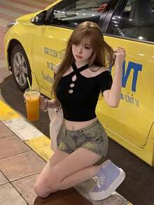 性感交叉露背吊带短袖上衣，女士独特镂空蝴蝶结露脐针织衫，韩版性感露肩，娇小身材显瘦的BM款短款上衣，纯镂空吊带T恤黑色夏季款 - 黑色 - 查看 5