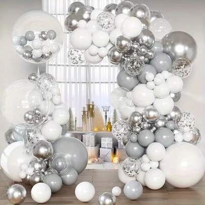 144Pcs Silver And White Balloon Garland Arch Kit, 5/10/12/18 Inch Matte Metallic Clear Confetti Latex Balloons With Ribbon And Glue Dots For Birthday Wedding Baby Shower Graduation Party Decorations