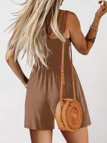 Acelitt Women's Solid Color Square Neck Cabled Patchwork Casual Romper, Summer - Coffee Brown - View 2
