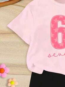 مجموعة ملابس علوية وشورت مطبوع عليها شعارات أرقام وحروف للفتيات، طراز كاجوال أنيق وفريد من نوعه، تصميم بسيط وطازج، مناسب للارتداء اليومي والعطلات - وردي - مشاهدة 4