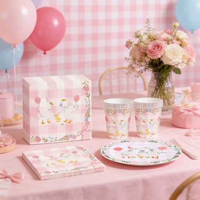 1 Set de vajilla de fiesta de cumpleaños con tema de ganso tonto y decoración de moño rosa, que incluye platos, vasos, servilletas, adecuado para fiesta de baby shower