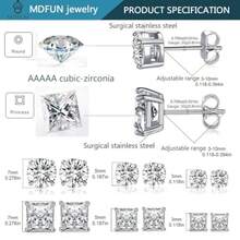 MDFUN 6 Pairs Stud Earrings Set 3mm/5mm/7mm Princess and Round Cubic Zirconia Earrings Hypoallergenic 316L Surgical Stainless Steel CZ Earrings for Women Men - Chapado en oro blanco - Ver 7