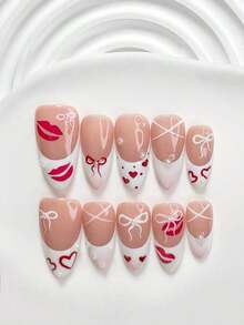 10pcs/Set Valentine's Day Handmade Nail Art Kit, Includes White Flower & Bow Decor, White & Red Gel Nails, French Polka Stickers, Heart Painting, Silver Beads Embedded, 3 Sizes Available: Almond/Square/Coffin Shape, With Set, Suitable Sweet Ladies & Girls, Valentine's Day/Party/Daily Wear Nail Supplies Handmade Press On Nails - 多色 27 - 查看 4