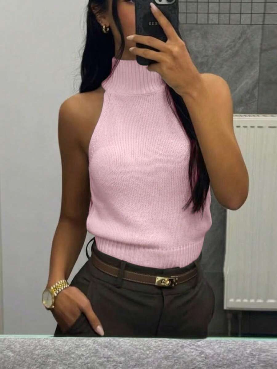 Women's Solid Color Stand Collar Casual Versatile Knit Top For Daily Wear Pink Summer - Pink - View 1