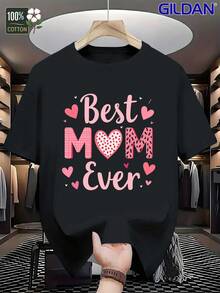GILDAN Men's Best Mom Ever Heart Pattern T-Shirt - Casual Short Sleeve Round Neck Summer Top With "Best Mom Ever" Text, Gift For Mother's Day Or Father's Day, Comfortable Casual Attire, Machine Washable ( Sizes)(Loose Fit) - Black - View 1