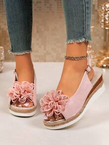 Casual Commute Floral Wedge Sandals For Women, Woven Rope Ankle Strap Open Toe Platform Slides - Pink - View 5