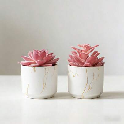 2件裂纹金粉仿真绿植和绿色仿真盆栽，家居装饰配件